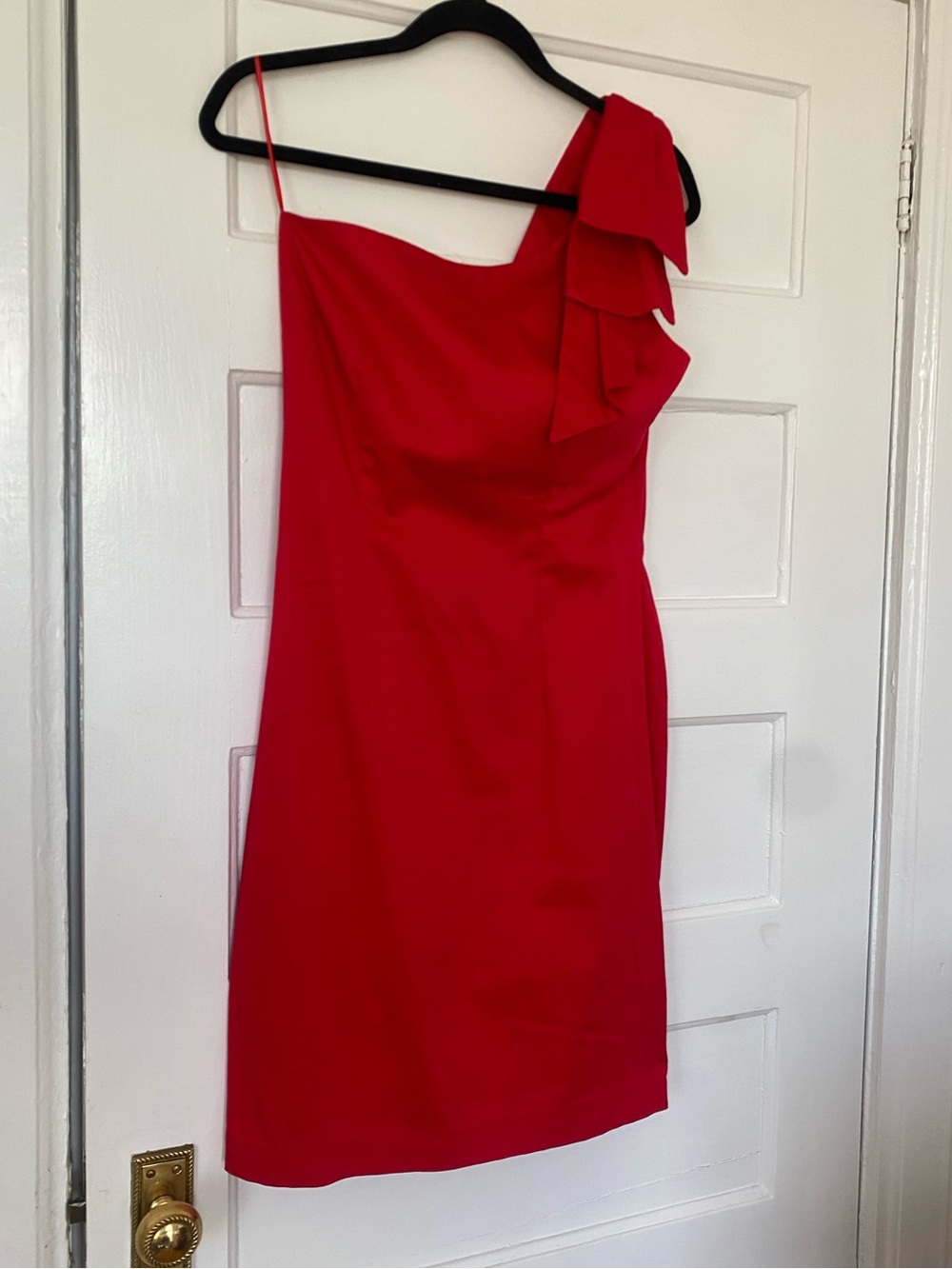 Rina Scimento crimson red one shoulder ruffle dress